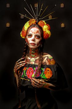Vibrant Mexican Catrina celebrating Day of the Dead in Ciudad de México with traditional face paint and floral wreath.
