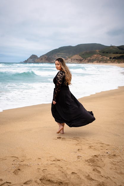 Woman in Black Dress on Beach · Free Stock Photo