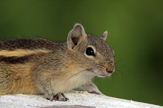 Detailed close-up of an Indian palm squirrel (Funambulus palmarum) against a natural green background.