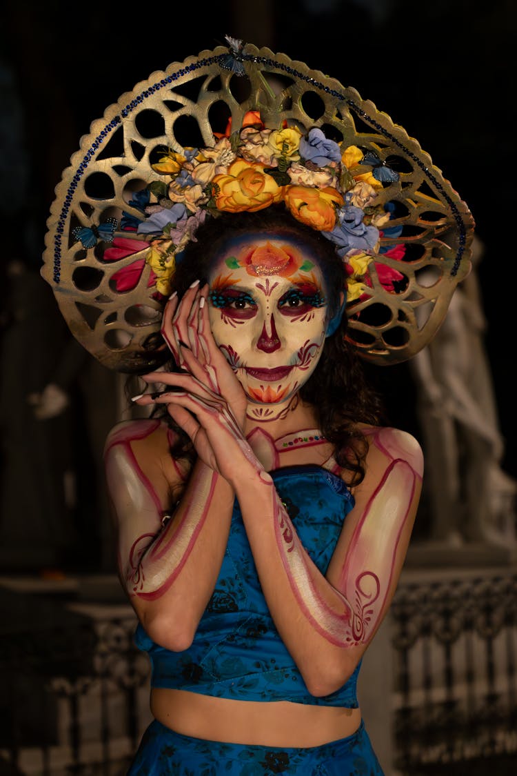 Portrait Of Smiling Calavera Catrina In The Graveyard At Night