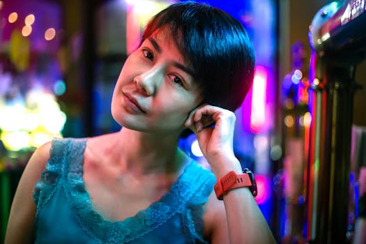 Striking portrait of a woman in a nightclub, captured with vibrant lights and a relaxed pose.