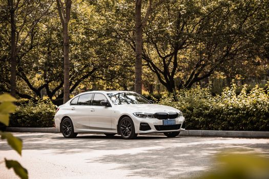 White luxury car parked in a tranquil forest environment during the day.