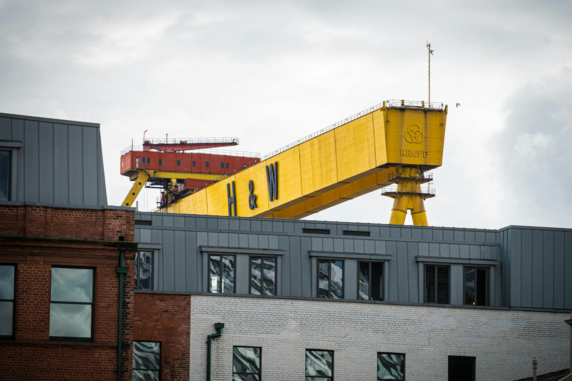 View of the iconic Harland & Wolff crane in Belfast, Northern Ireland.