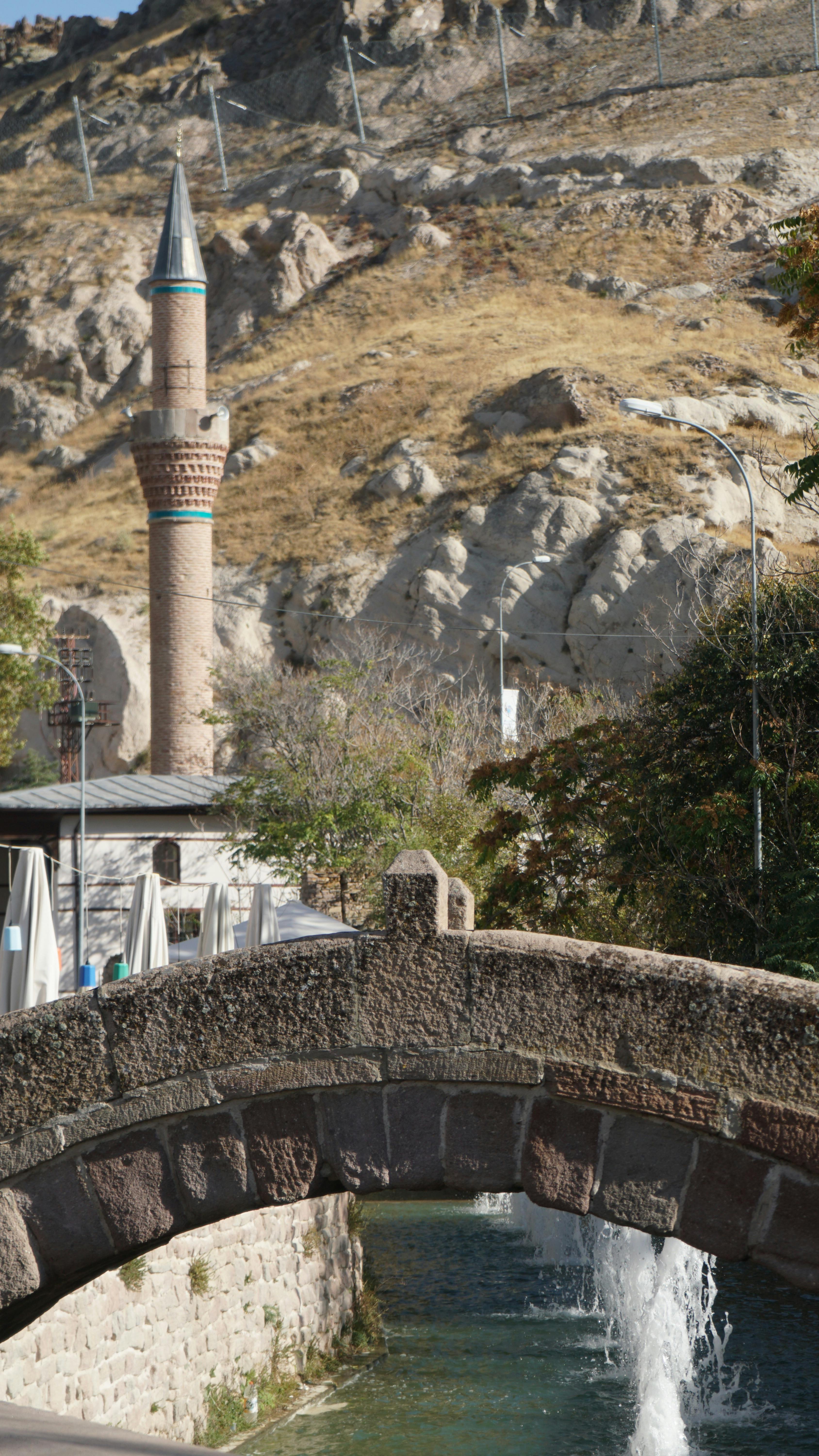 A scenic view of a historical stone bridge with an ancient minaret in a summer landscape.