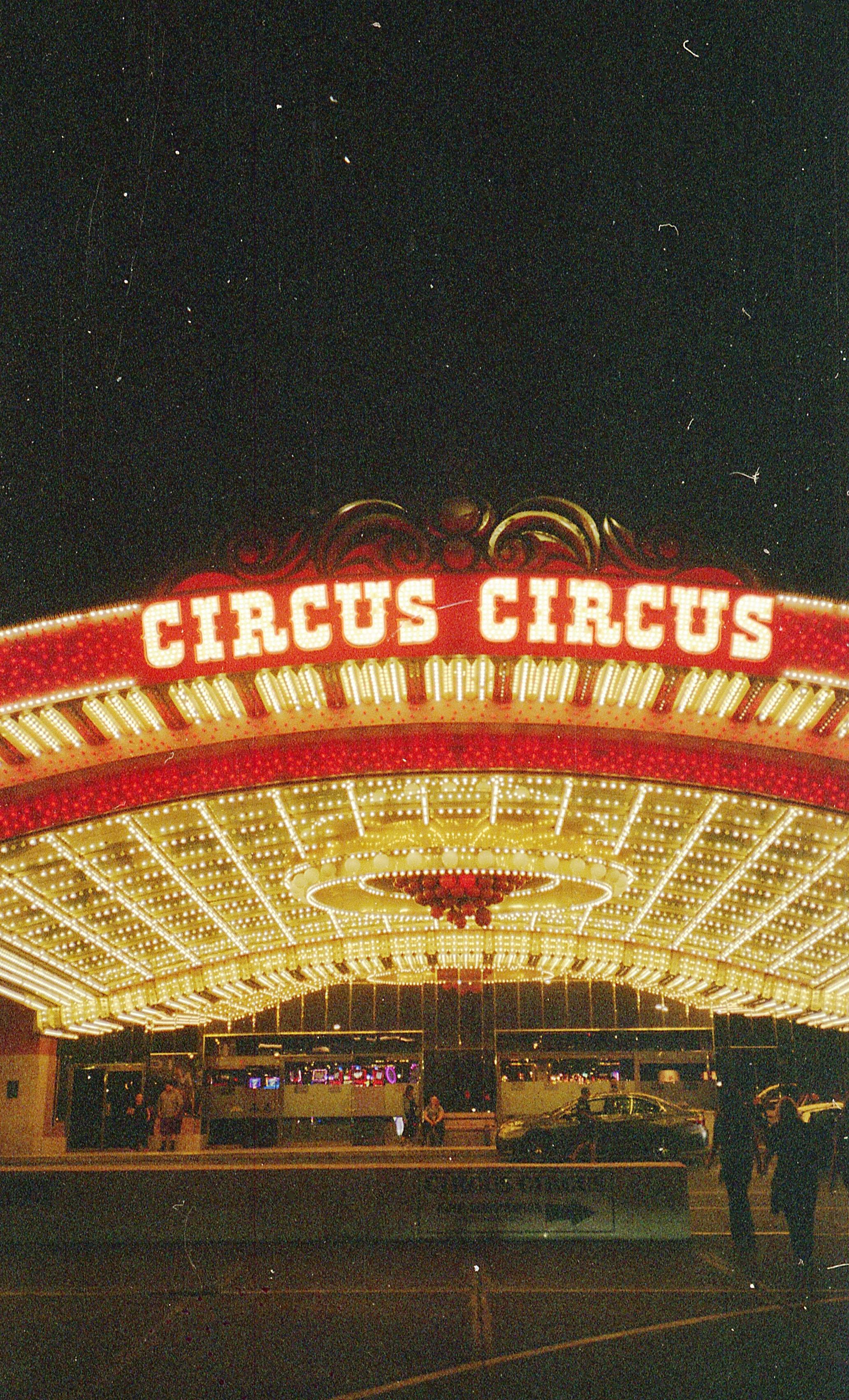 illuminated entrance to circus circus hotel and casino at night