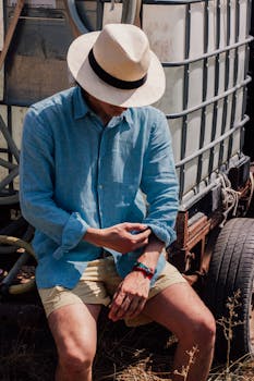 Man wearing a stylish summer outfit with a hat and denim shirt, sitting outdoors.