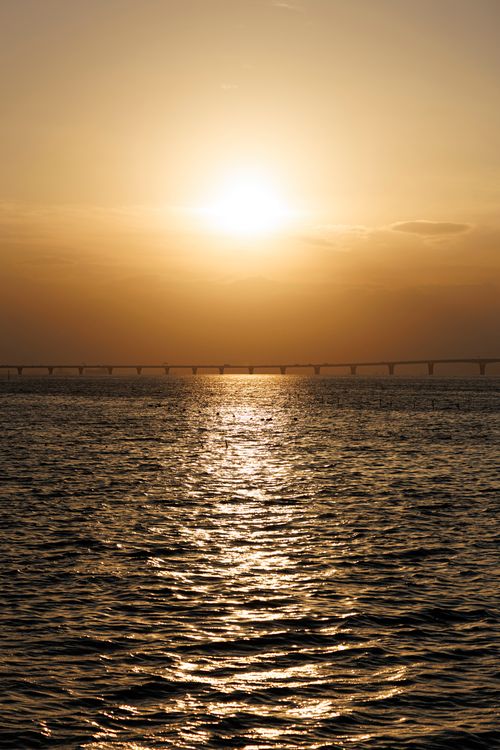 Free Serene view of a sunset over Tokyo Bay with a silhouette of a bridge and shimmering water reflections. Stock Photo