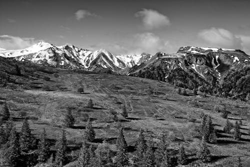 Black and White Photo of a Mountainous Landscape 