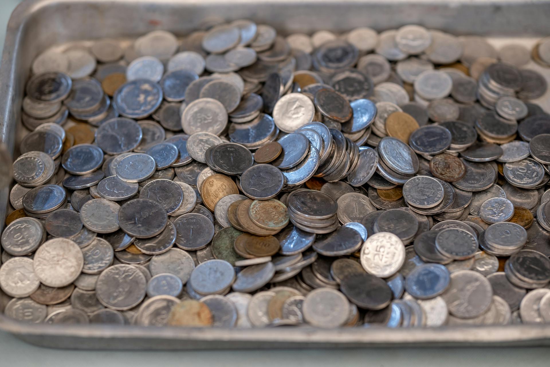 A close-up of various coins stacked in a silver tray, indicating wealth and abundance.