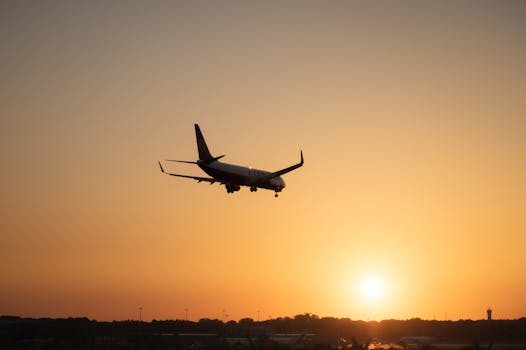 A silhouette of an airplane landing against a stunning golden sunset in Hamburg, Germany.
