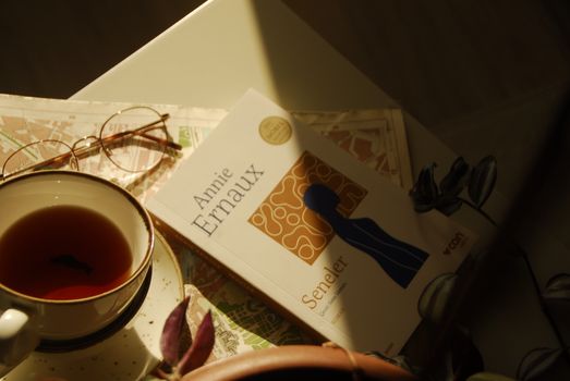 A tranquil scene of a book and tea cup in sunlight, ideal for relaxation.
