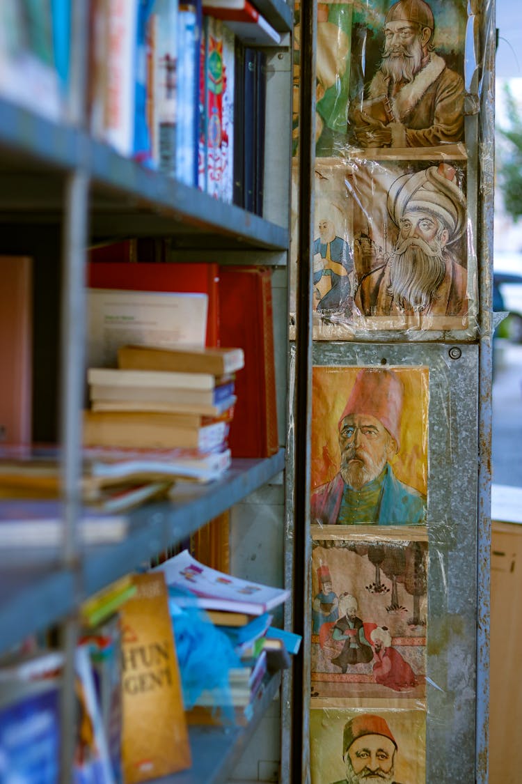 Vintage, Turkish Images On Wall By Shelves With Books