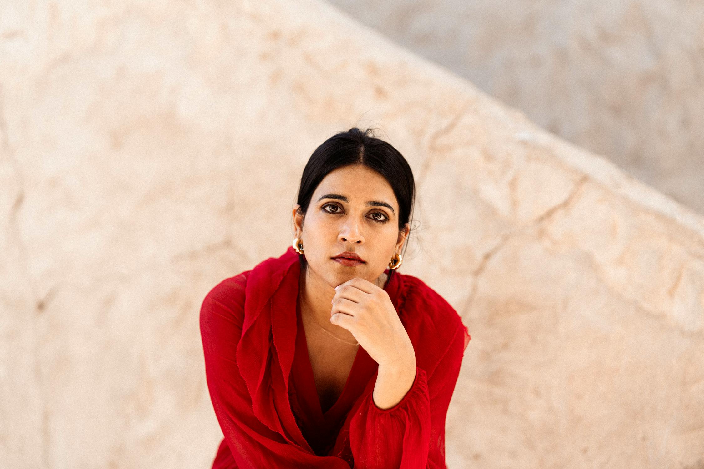 woman wearing red