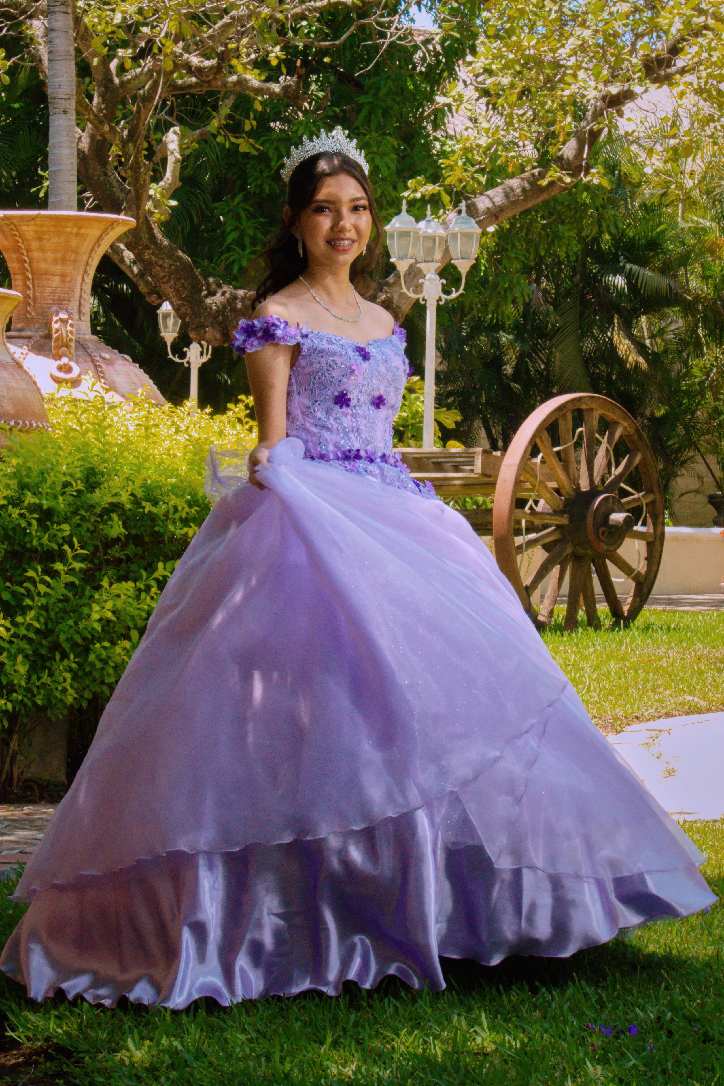 open lace back dress Lilac Purple Long A-Line Prom Dress with Puff Sleeves Lilac / Large