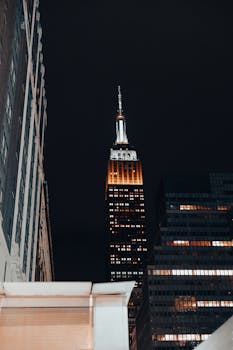 Empire State Building illuminated at night, New York City skyline view.