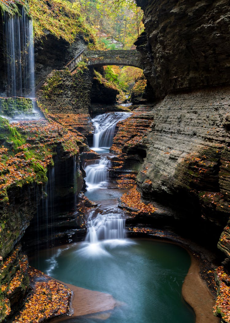 Rainbow Bridge And Falls At Watkins Glen State Park, Watkins Glen, New York, USA