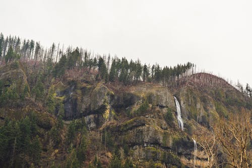 View of a Steep Cliff with a Waterfall and Forest in Autumn 