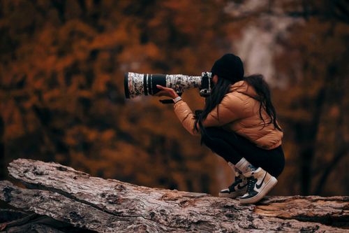 Free Woman crouching on a tree log with a camera, capturing the perfect outdoor autumn shot. Stock Photo