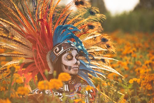 Woman Wearing Makeup and Plume for the Day of the Dead in Mexico 