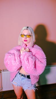 Fashionable young woman wearing a pink fuzzy jacket and denim shorts indoors.