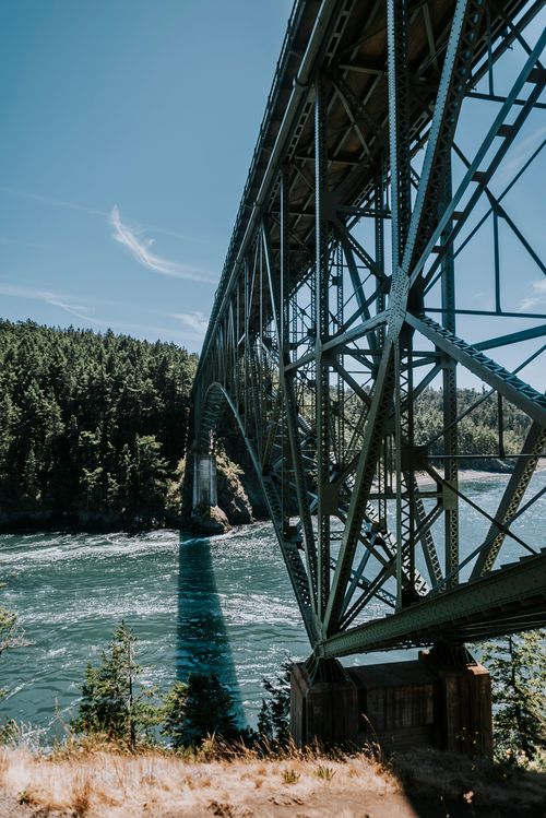 Free A dramatic steel bridge spanning a vibrant river through lush evergreen forest. Stock Photo