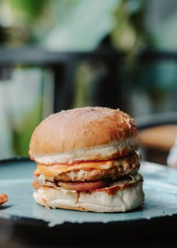 Delicious cheeseburger with bun and cheese served on a plate. Perfect for fast food themes.