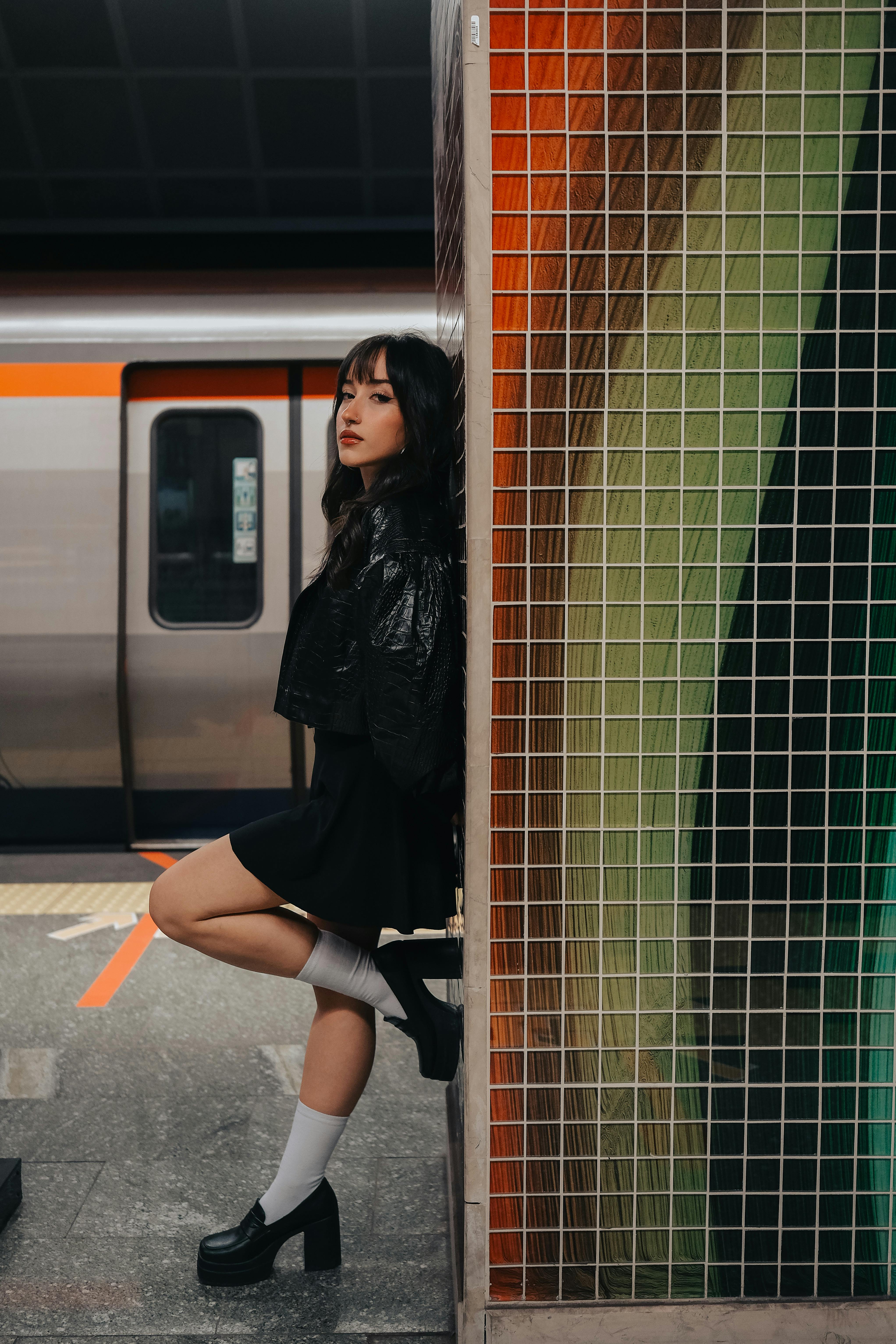 model in jacket and mini skirt