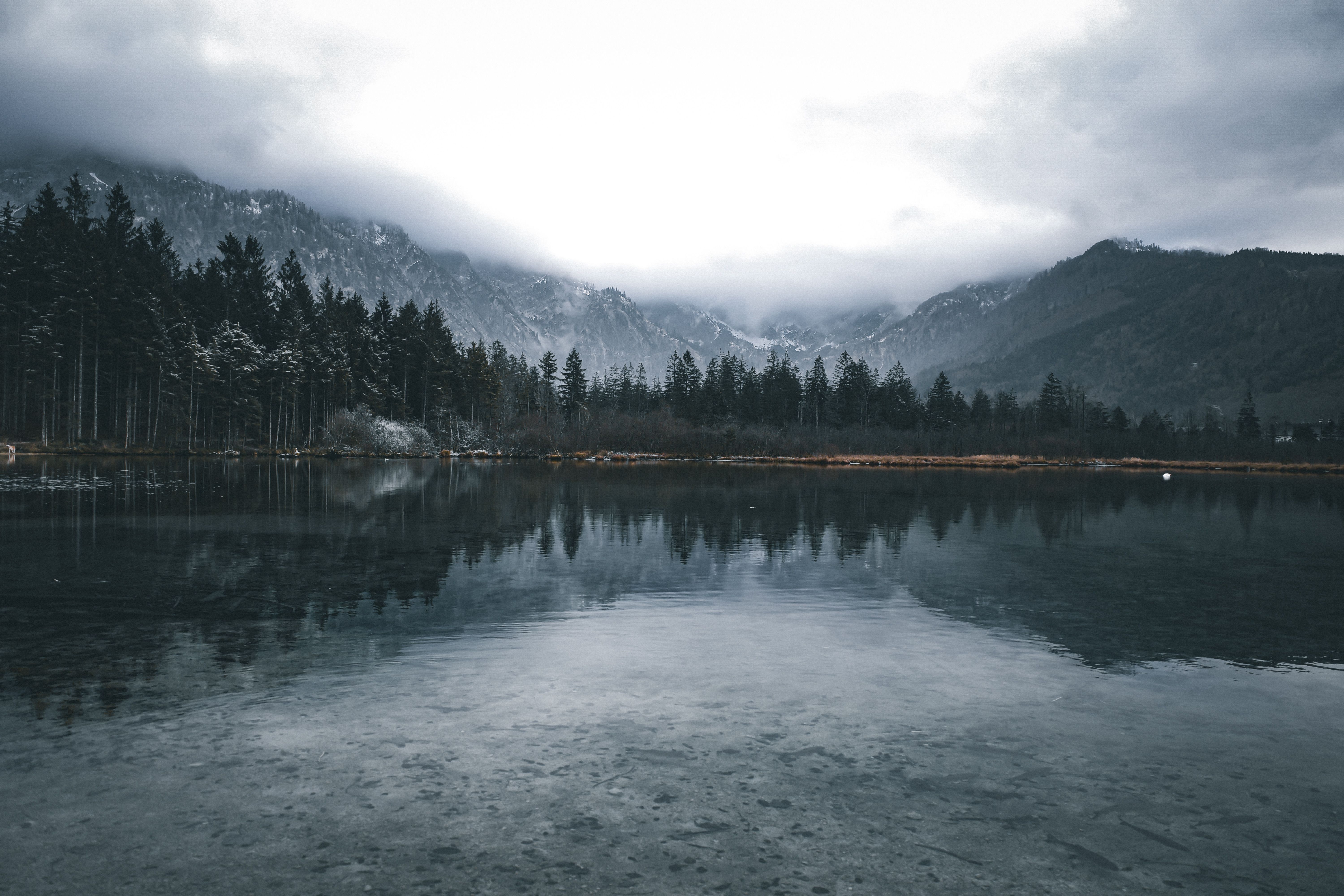 Snow-covered mountains and evergreen trees reflected in a still alpine lake