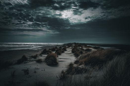 A dark, dramatic coastal scene featuring grass and sand dunes under a moody sky.