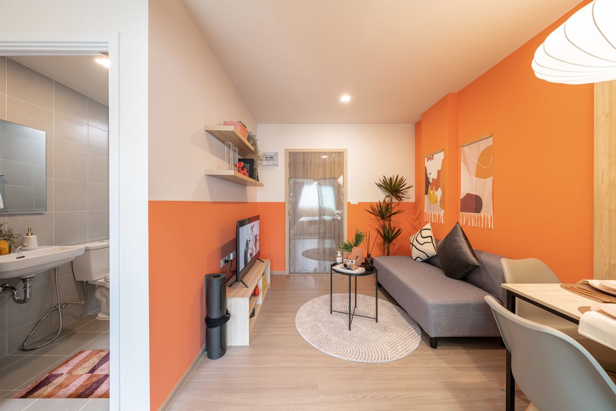 A bright, cozy apartment living room with warm orange walls