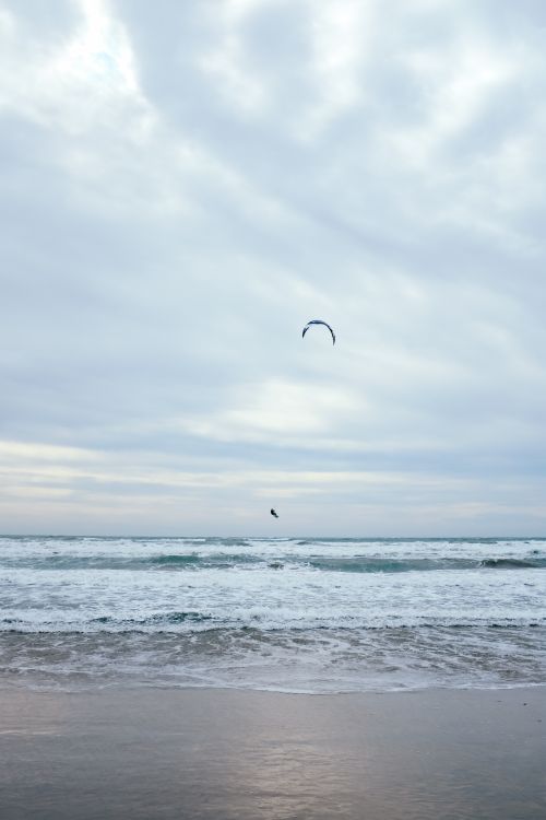 Free Kitesurfer enjoying the sea under a dramatic cloudy sky with waves crashing on the shore. Stock Photo