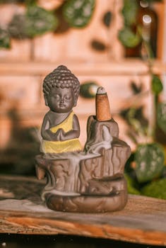 A peaceful Buddha figurine with an incense burner, emitting calming smoke in a zen environment.