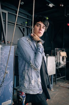 时尚的年轻人穿着苦恼的牛仔夹克，置身于室内与工业背景之中