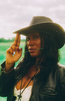 Stylish woman wearing a cowboy hat in a green field.