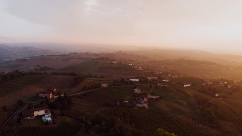 Free Scenic aerial view of Piemonte's rural landscape during sunrise. Stock Photo