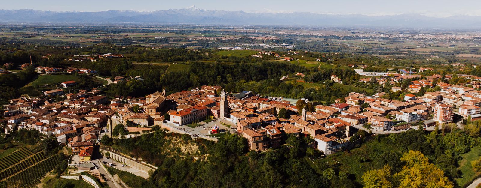 Scenic aerial view of La Morra, a picturesque village in Piemonte, Italy.