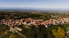 Scenic aerial view of La Morra, a picturesque village in Piemonte, Italy.