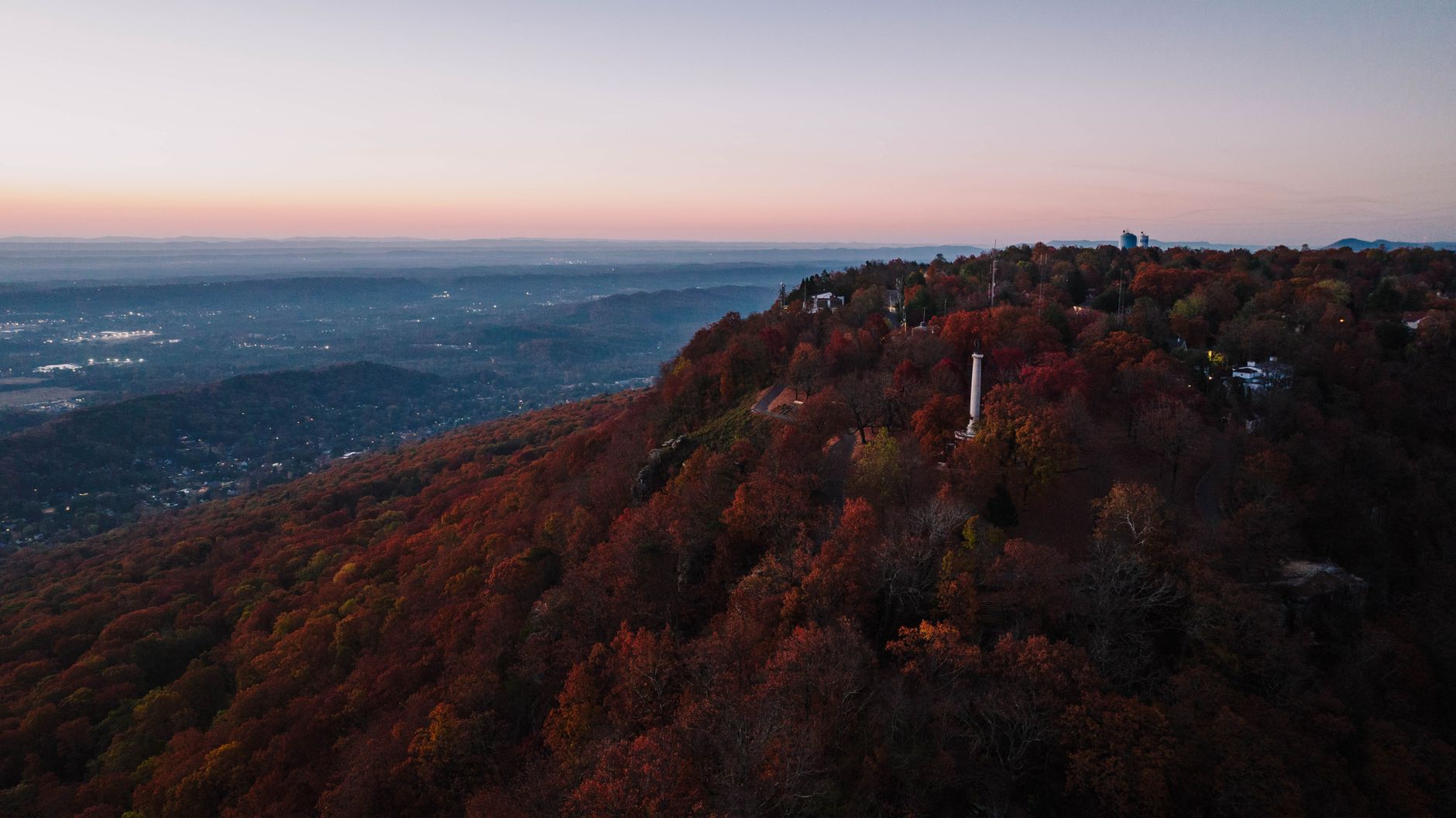 Beautiful aerial view of vibrant autumn colors in Chattanooga, Tennessee during dawn.