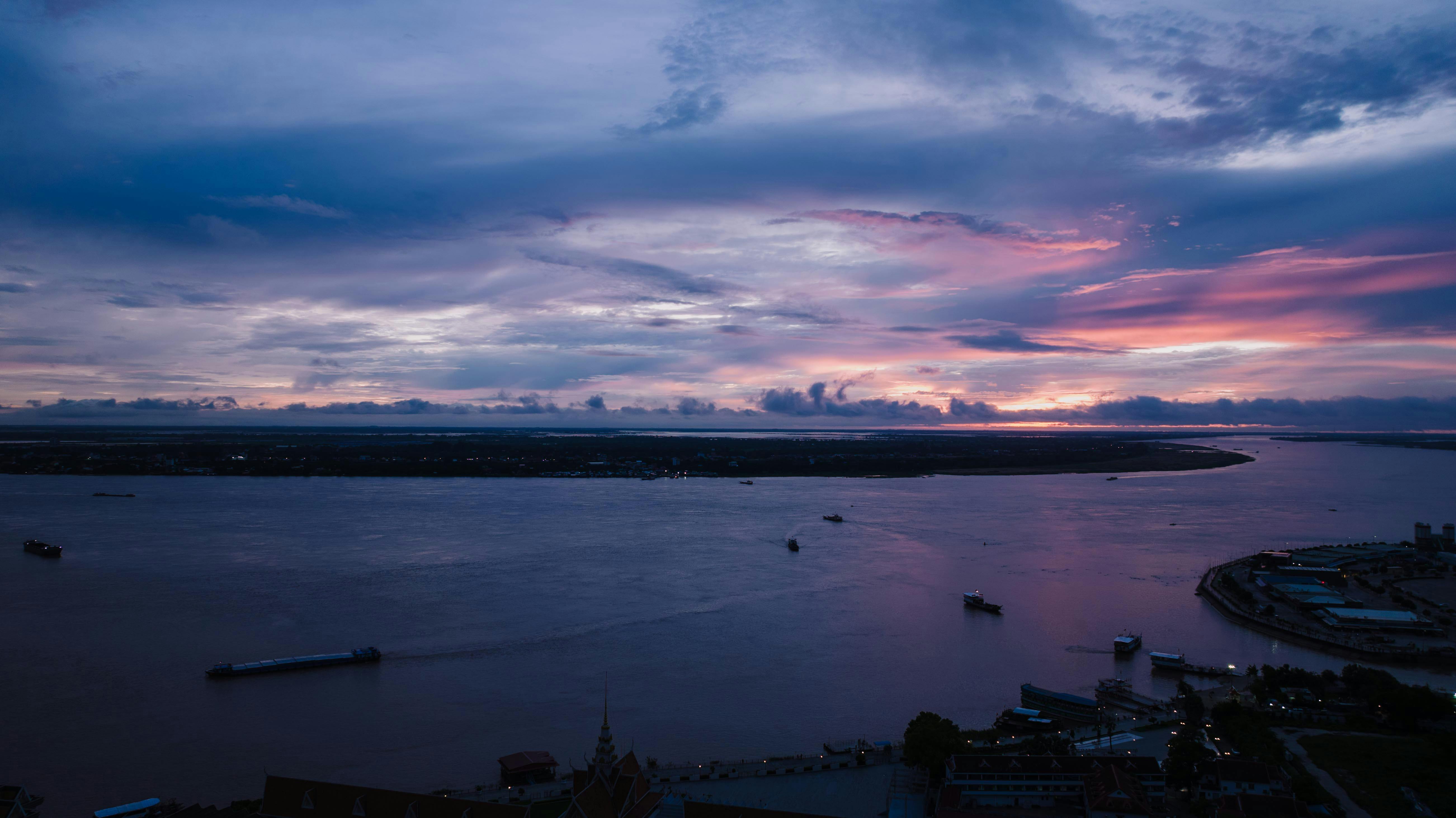 A breathtaking aerial view of sunset over the river in Phnom Penh, Cambodia. - Phnom Penh