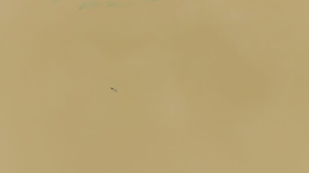 A solitary boat floats on a vast yellow river, creating a minimalist abstract scene.