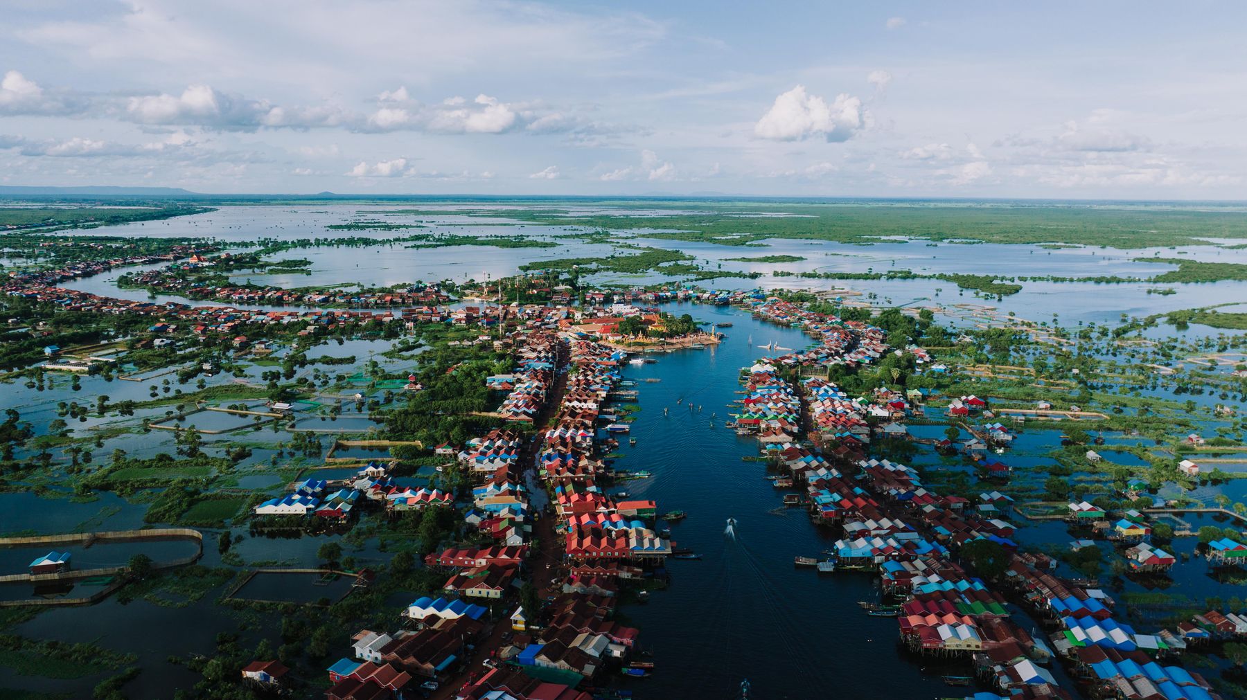 Kampong Khleang's colorful stilt village lining a central Tonlé Sap waterway across the flooded plain