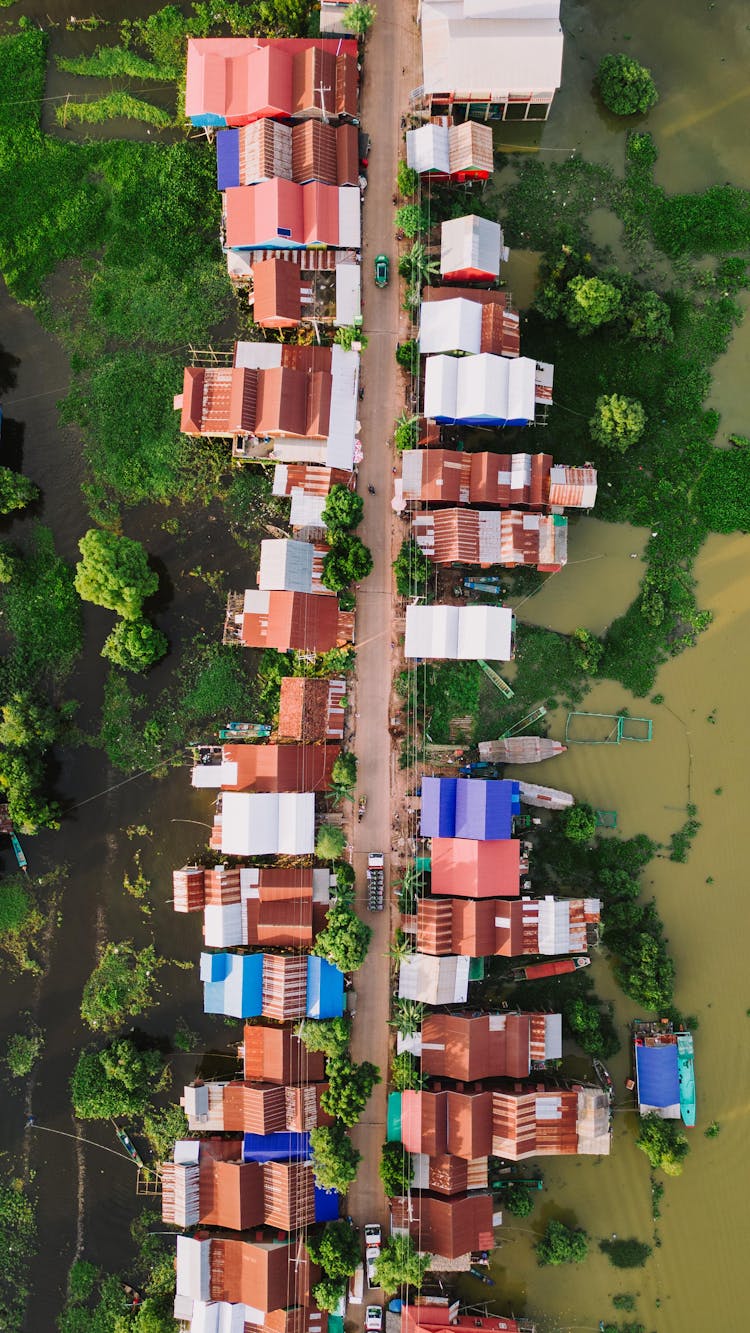 Top View Of A Village With Houses On The Water 