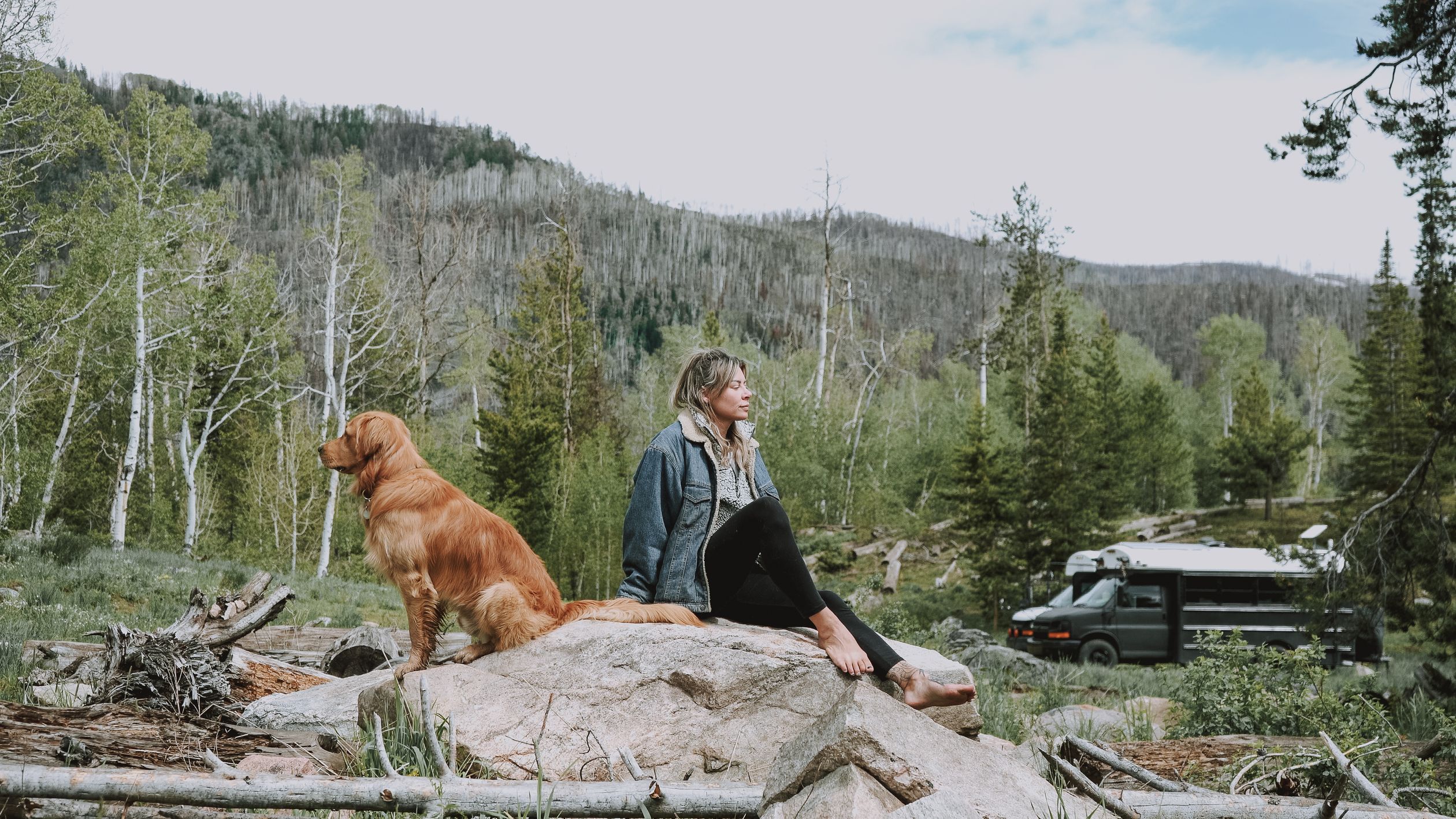 A woman and her dog enjoy a peaceful moment in a lush, green mountain setting.