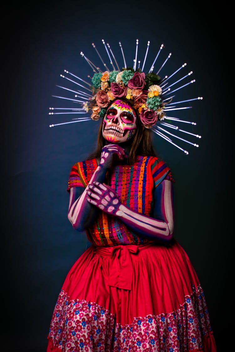 Woman Wear Mexican Halloween Costume And Garland