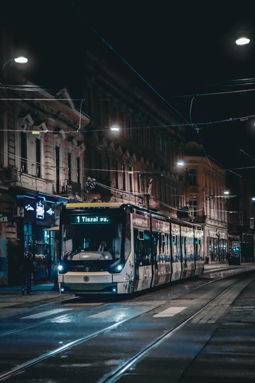 Tram on a Street at Night 