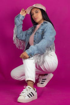 Stylish woman in a studio, wearing denim and silver fringe jacket, posing against a pink backdrop.