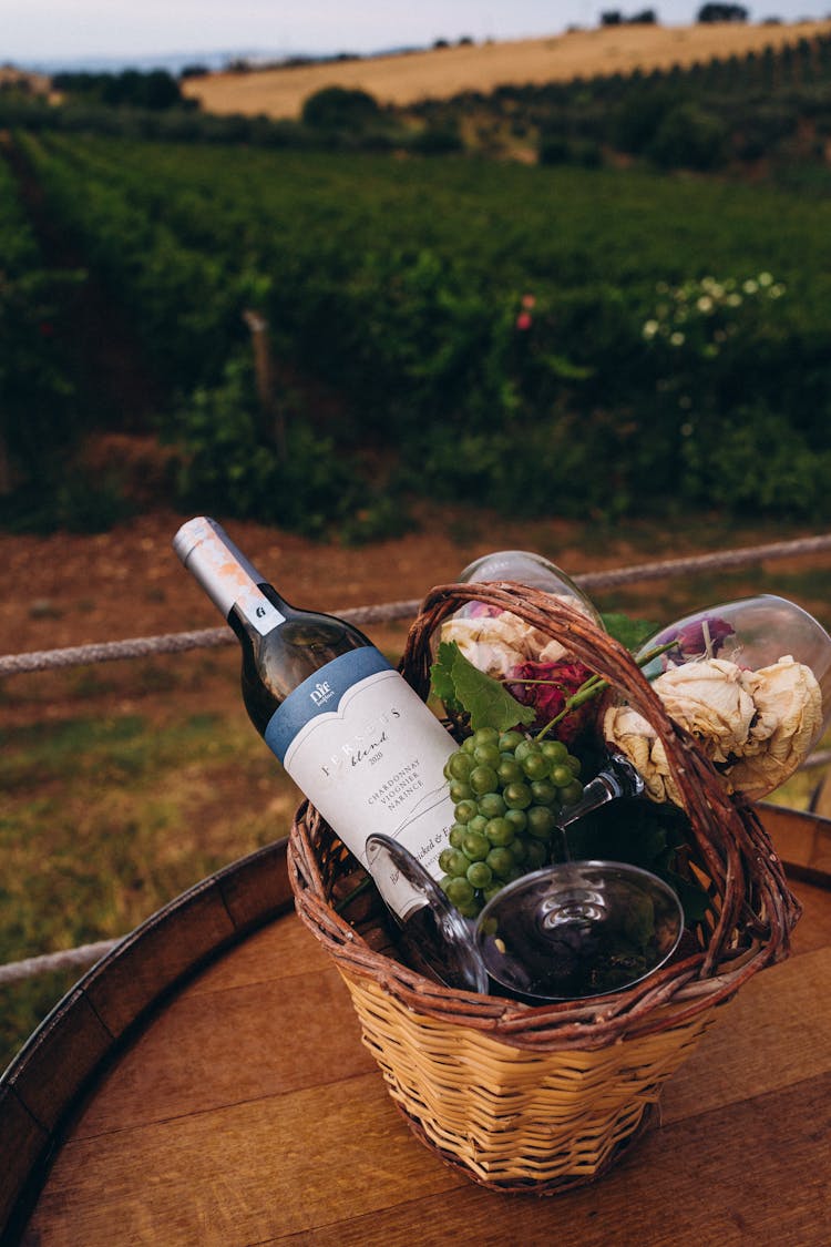 Food And Wine In A Basket 