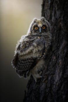 A young long-eared owl with striking orange eyes clings to a tree trunk in a dimly lit forest.