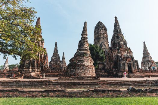Ancient Wat Chaiwatthanaram temple ruins in Ayutthaya, Thailand, showcasing historic architecture.