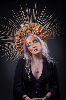 Colorful artistic portrait of a woman with vibrant makeup and golden crown against a dark background.
